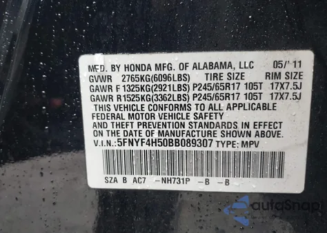 2011 Honda Pilot Ex-L from USA, damaged, VIN 5FNYF4H50BB089307